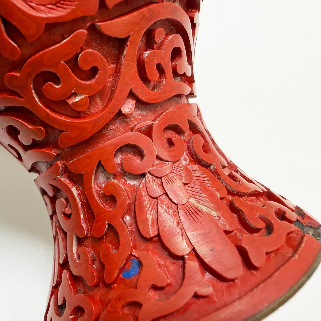 中国美術 堆朱 花瓶 紅雕漆花瓶花器 台座付 2個セット