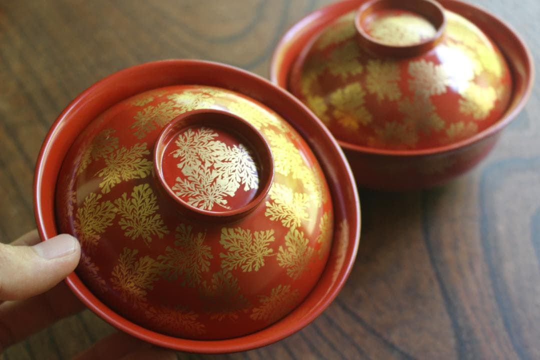 時代逸品！上質朱漆に極上信夫蒔絵の映えるお椀2点（検輪島塗懐石椀蒔絵椀