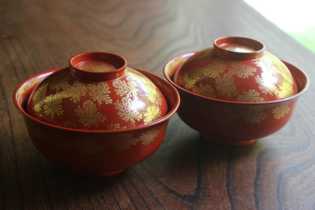 時代逸品！上質朱漆に極上信夫蒔絵の映えるお椀2点（検輪島塗懐石椀蒔絵椀