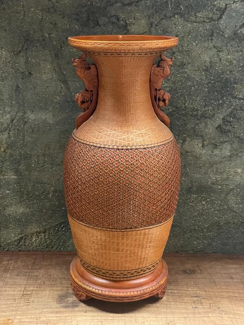 希少 1940's ヴィンテージ 上海伝統工芸 竹細工 編み込 大型 花瓶 花壺