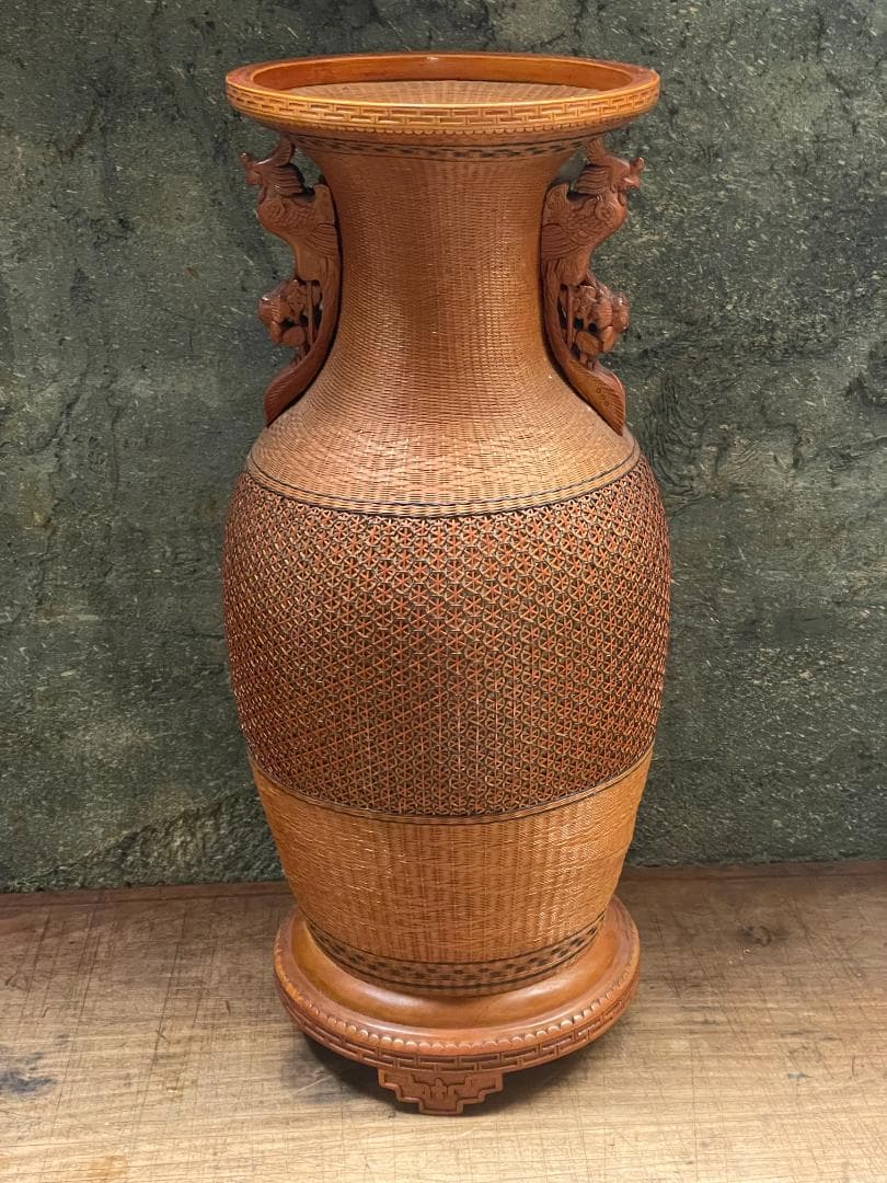 希少 1940's ヴィンテージ 上海伝統工芸 竹細工 編み込 大型 花瓶 花壺