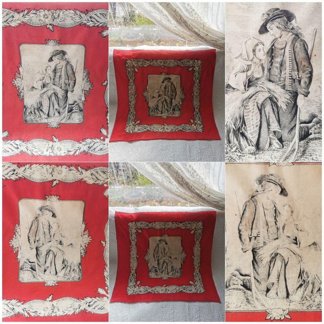 アンティークフランス トワルドジュイクロス 農村のカップル 繕う女性