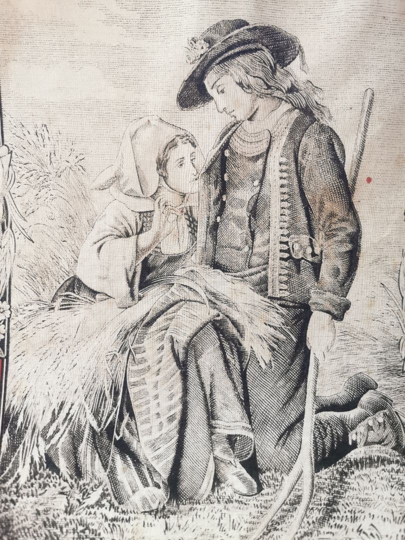 アンティークフランス トワルドジュイクロス 農村のカップル 繕う女性