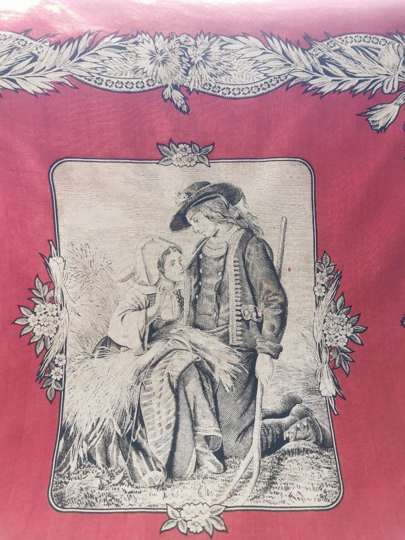 アンティークフランス トワルドジュイクロス 農村のカップル 繕う女性