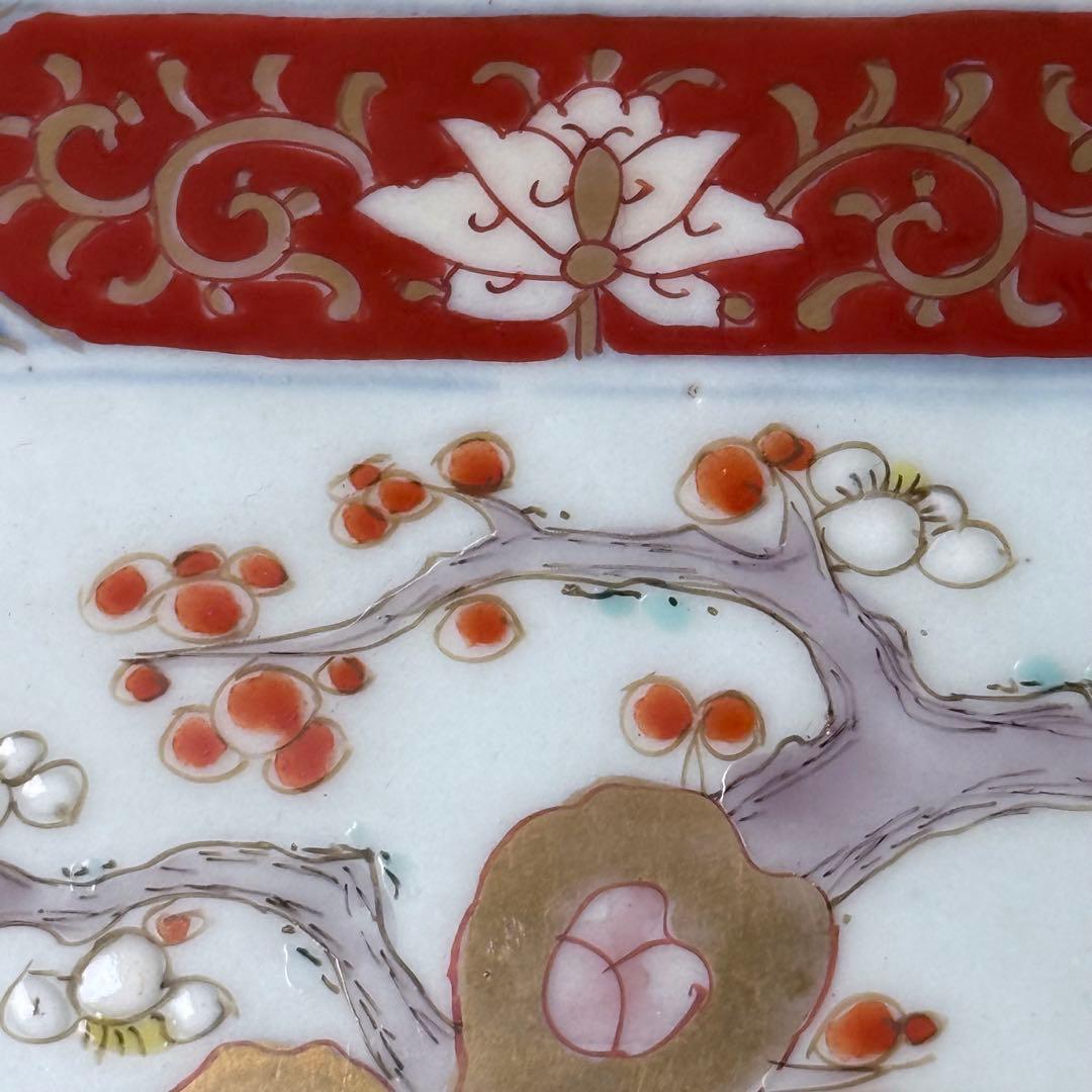 江戸後期〜明治時代 色絵松竹梅鳥賢人図六角鉢 共箱 古美術