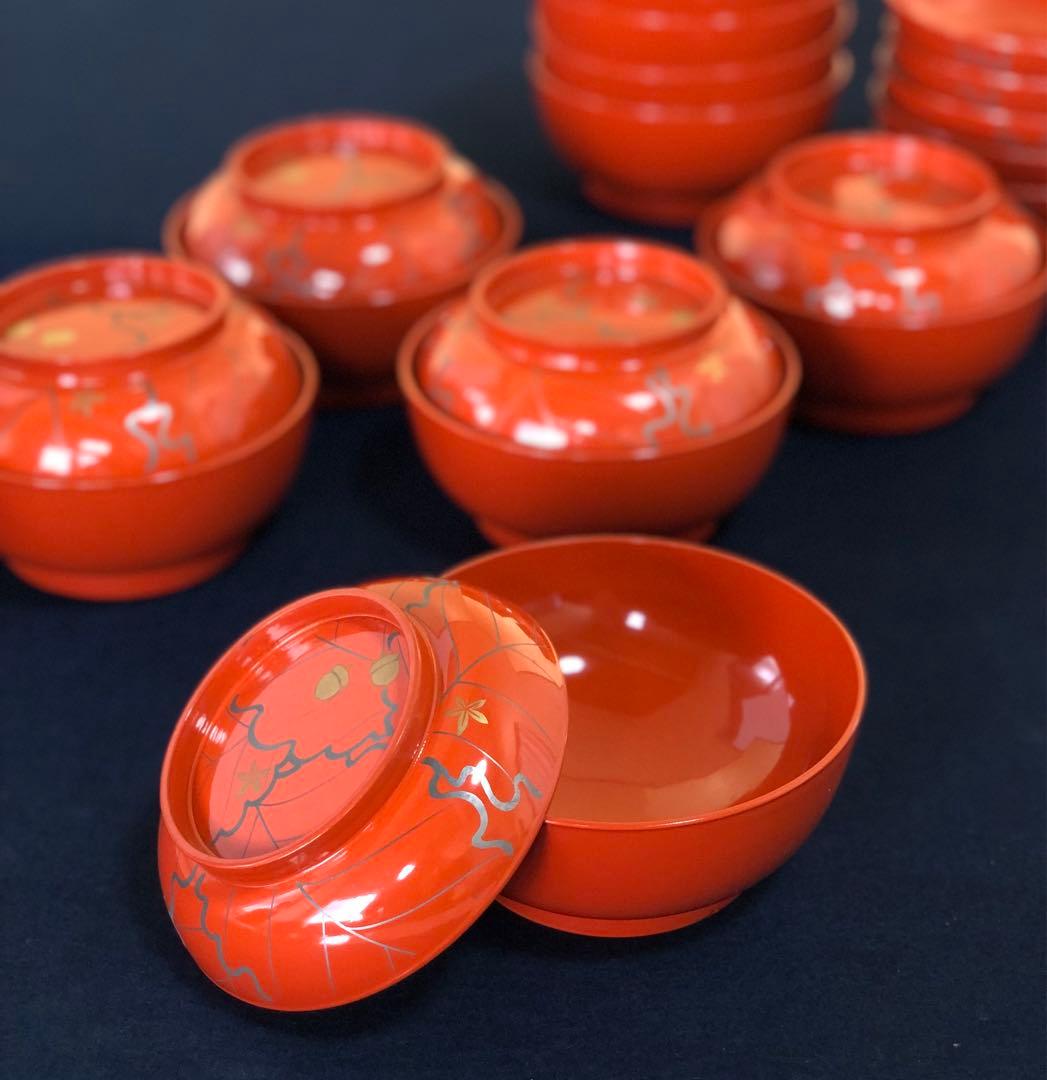 《R》懐石 朱塗 ドングリ蒔絵 菓子椀10客 木製漆器 木箱　250922あ3