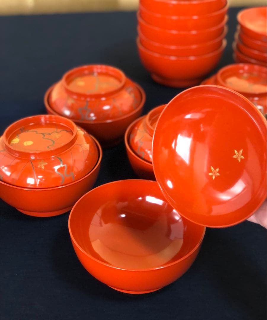 《R》懐石 朱塗 ドングリ蒔絵 菓子椀10客 木製漆器 木箱　250922あ3