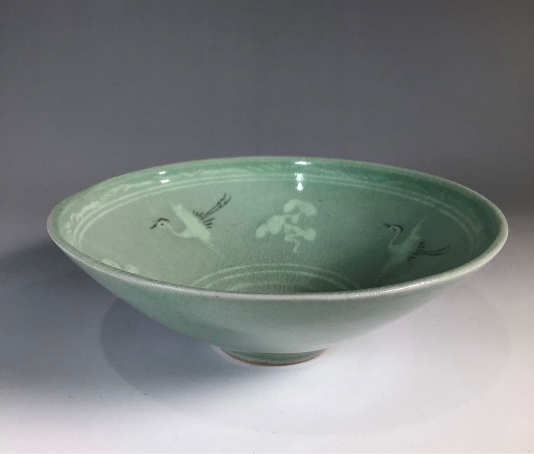 N654 茶碗 『三韓窯造』『雲鶴文』『高麗青磁』『平茶碗』 共箱