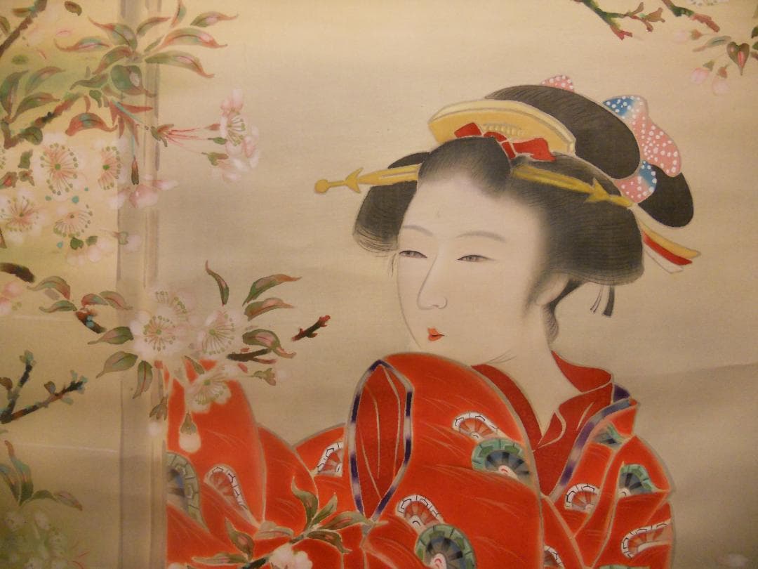 掛け軸 四方山蒼風 作 『 春粧図 』 美人画 絹本 軸装 茶道具 掛軸