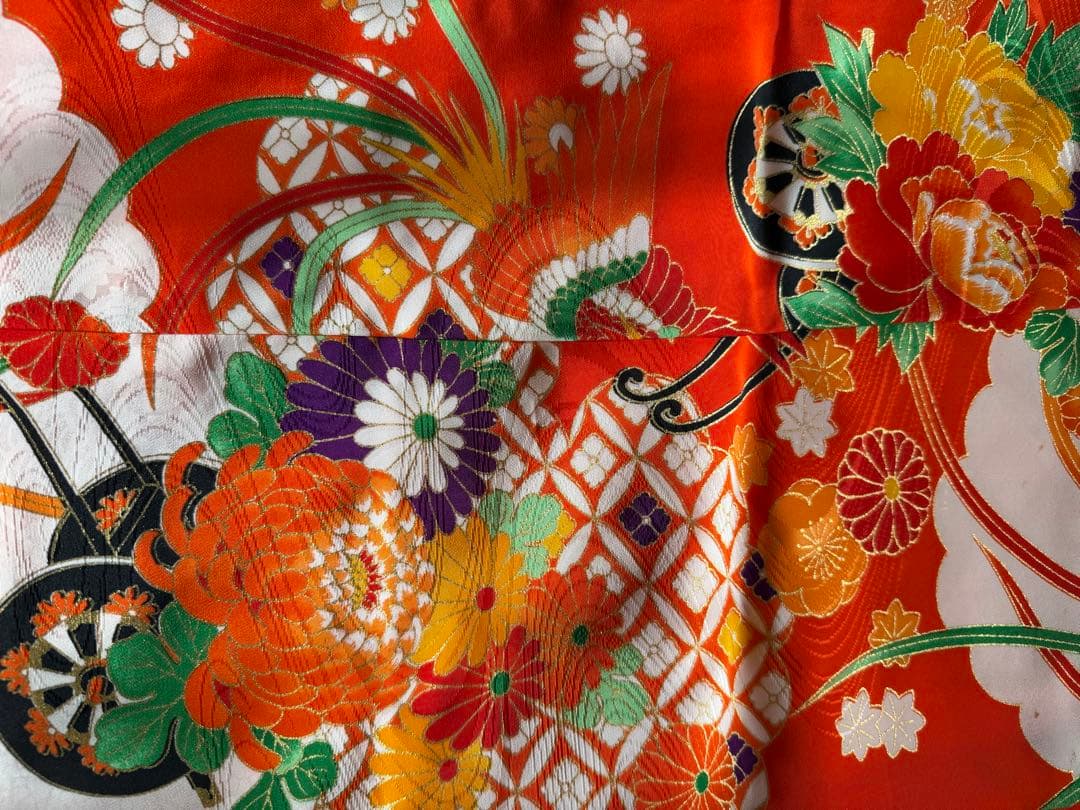 七五三 7歳用子ども着物&帯セット 赤 花柄 昭和レトロ