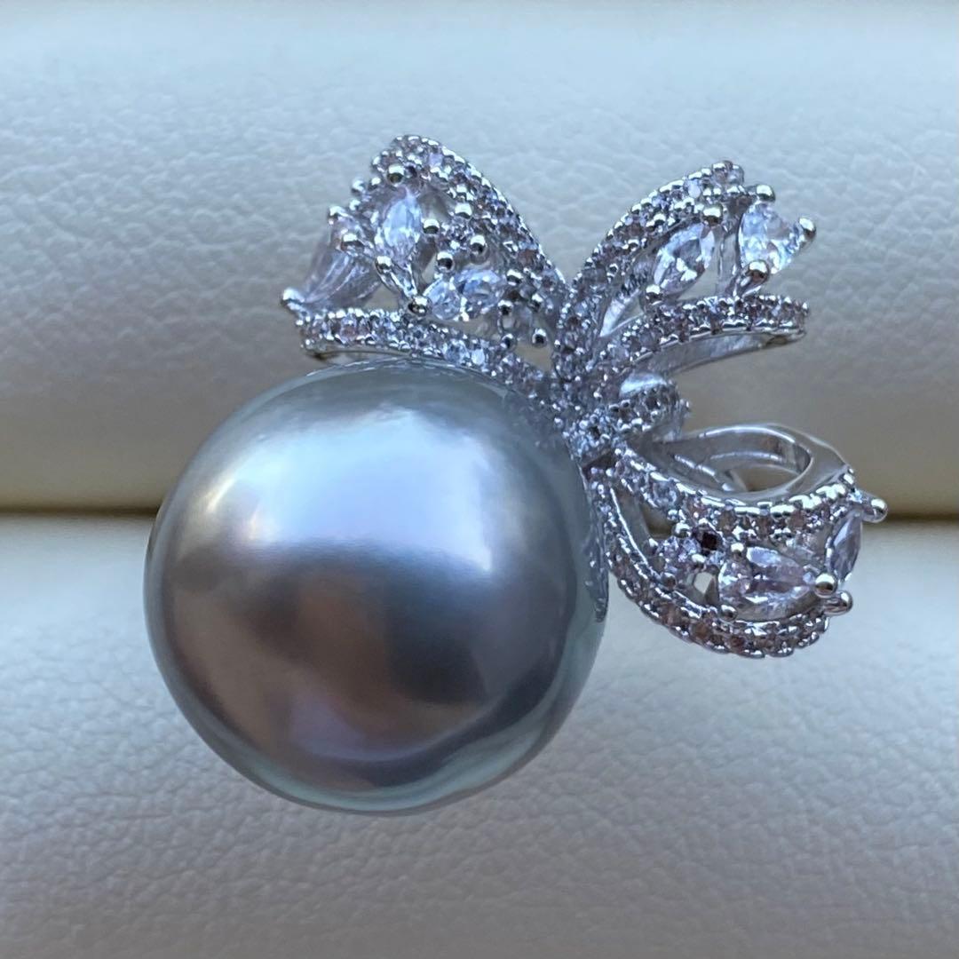 本真珠　南洋黒蝶真珠タヒチパールリング　14*13.5mmグレーグリーンL981