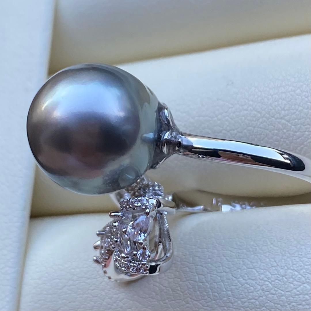 本真珠　南洋黒蝶真珠タヒチパールリング　14*13.5mmグレーグリーンL981