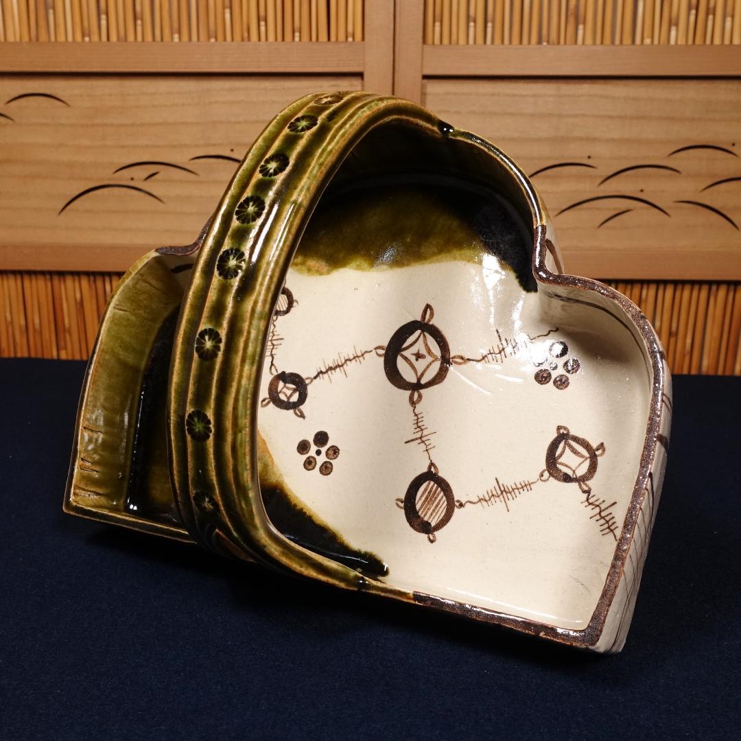 名工 加藤光右衛門 織部 手付鉢 共箱 加藤弥右衛門 赤織部