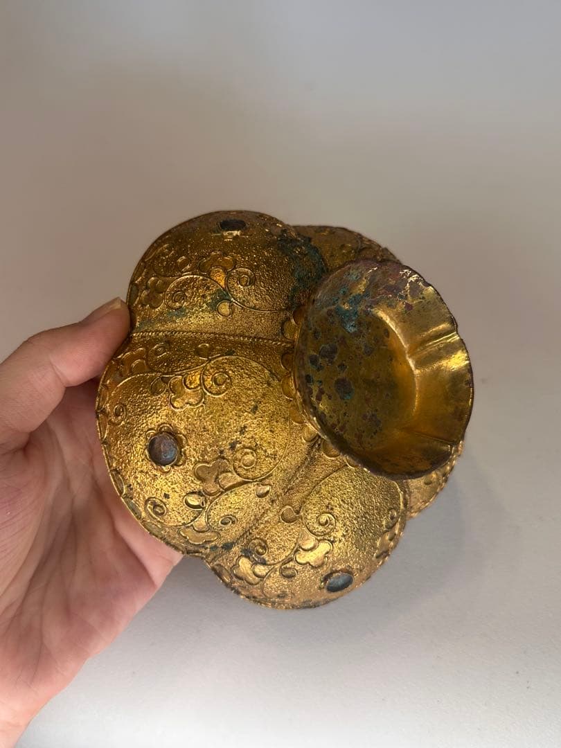 中国古董 唐代 青銅製 鎏金花口鉢