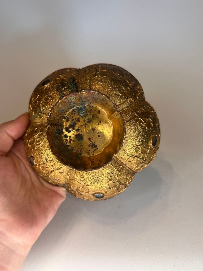 中国古董 唐代 青銅製 鎏金花口鉢