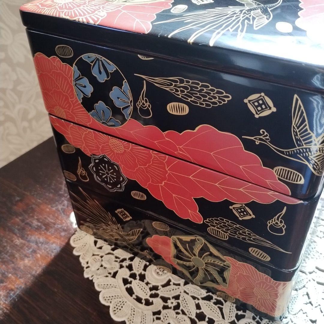 白木屋♥漆器 三段重箱 鶴と花♥重箱♥会津塗♥蒔絵♥