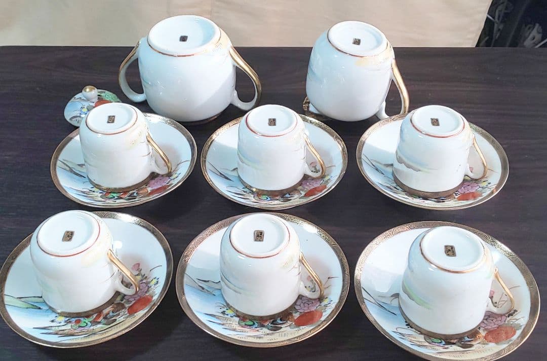 九谷焼 大正時代 金彩花鳥富士模様柄 ティーセット 6客8点セット 陶磁器