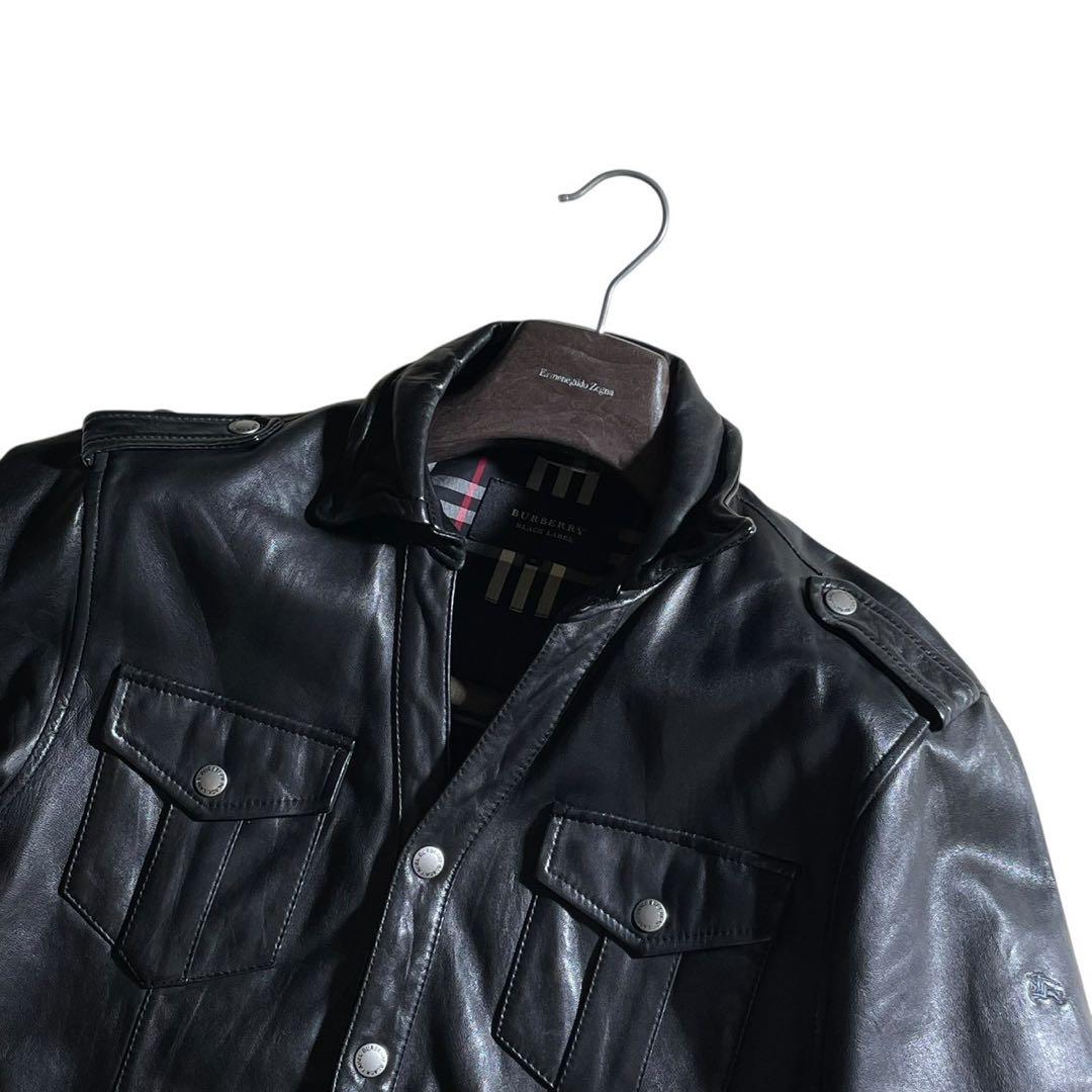 ①バーバリーブラックレーベル レザージャケット ノバチェック 羊革 黒