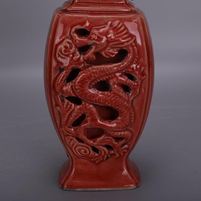 薪窯紅釉二重透かし彫り竜両耳扁瓶 現代工芸品