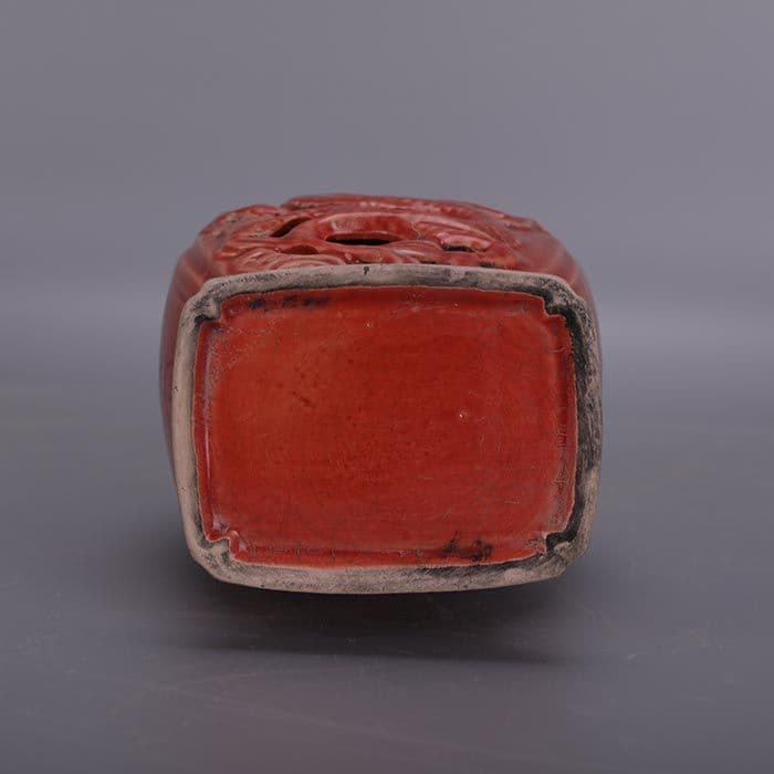 薪窯紅釉二重透かし彫り竜両耳扁瓶 現代工芸品