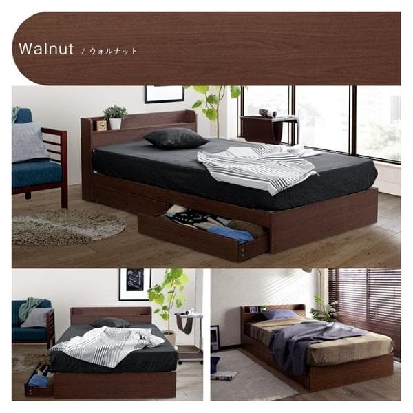 ⑥RUES ルース 棚・コンセント付き収納ベッド 宮付き 引き出し付 ブラウン
