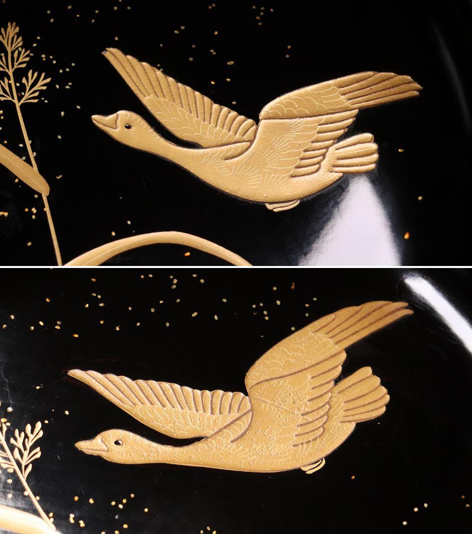 CL64 加賀蒔絵 月に雁 金蒔絵 黒塗煮物椀 五客 木製漆器 梨地 鳥 芦