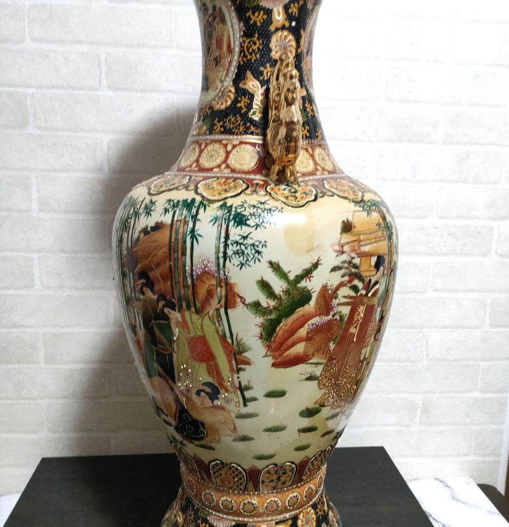 中国美術 大型飾り壺 双耳大花瓶 金彩 美人画 豪華爛漫 60cmサイズ