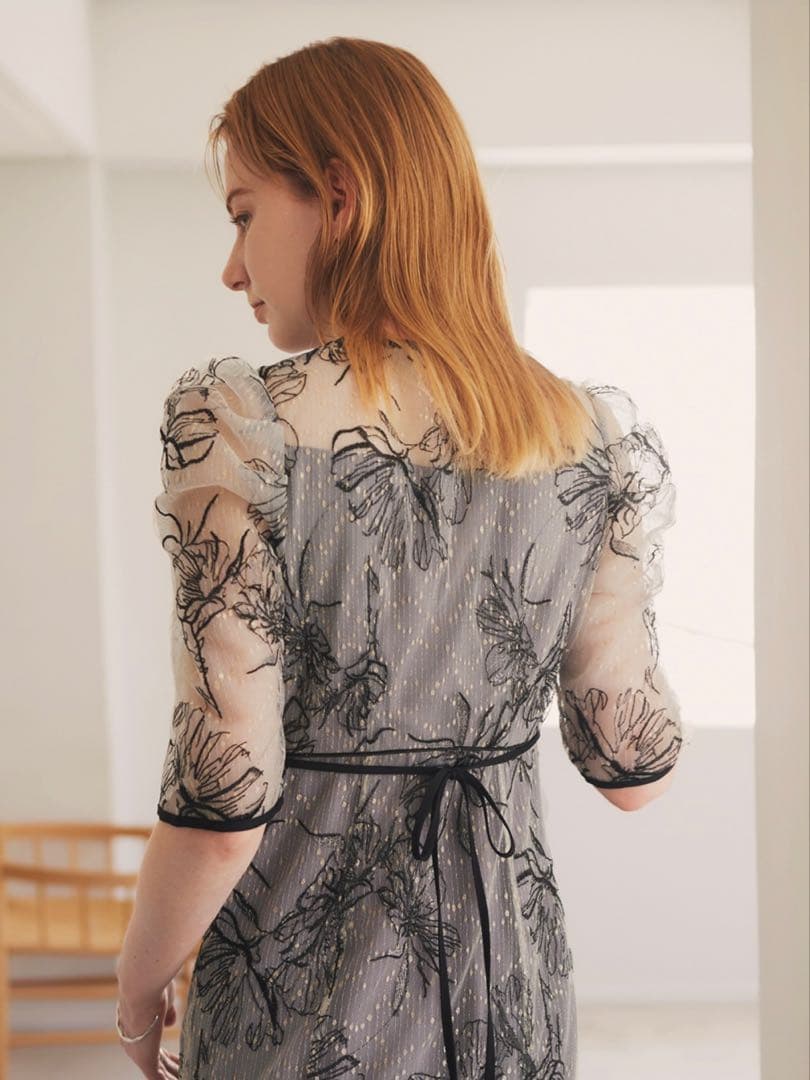 花柄リボンパフスリーブマーメイドワンピースドレス結婚式パーティー成人式二次会