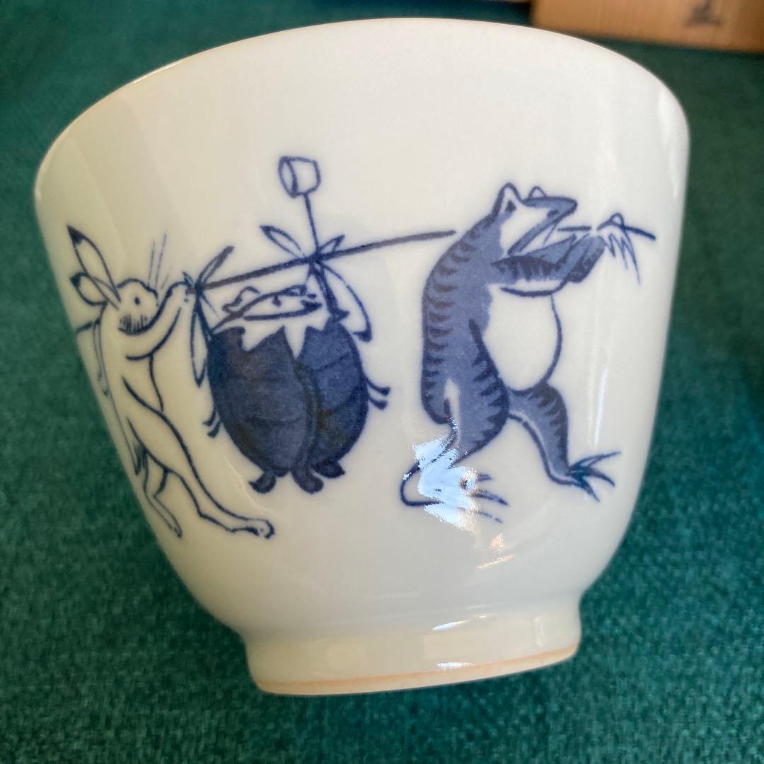 京焼 清水焼 平安吉兆 高山寺 鳥獣戯画倣 汲出 茶碗 湯呑 五客 共箱