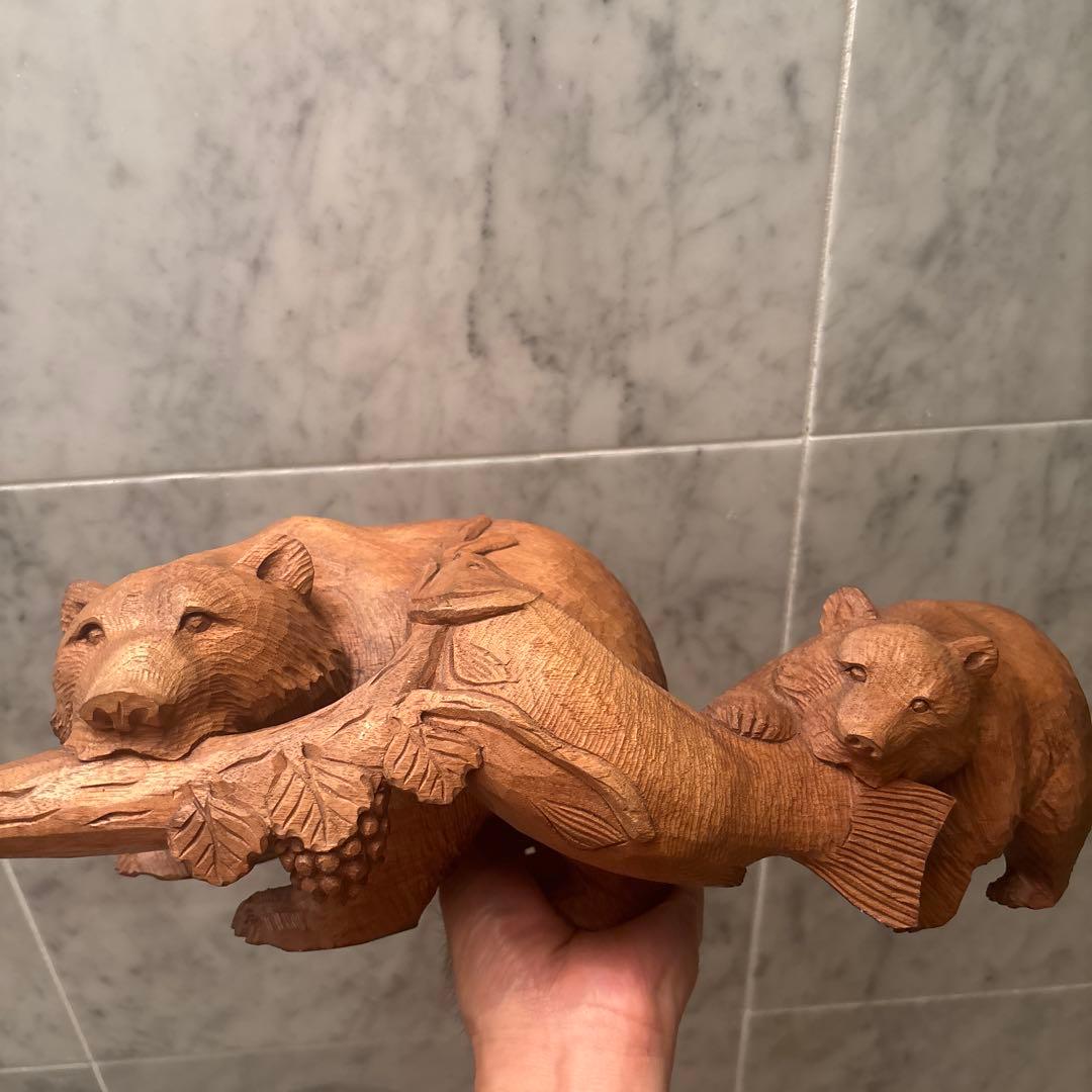 平野幸人 作(琇) 北海道アイヌ伝統民藝 葡萄と鮭をくわえる親子熊