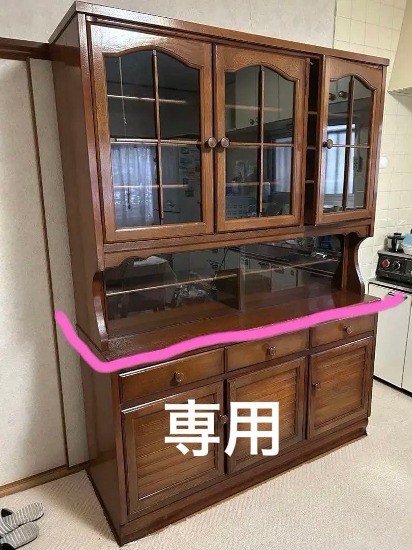 木製ブラウン食器棚 ガラス扉付き 水屋 上段部分だけ 引き取り可能