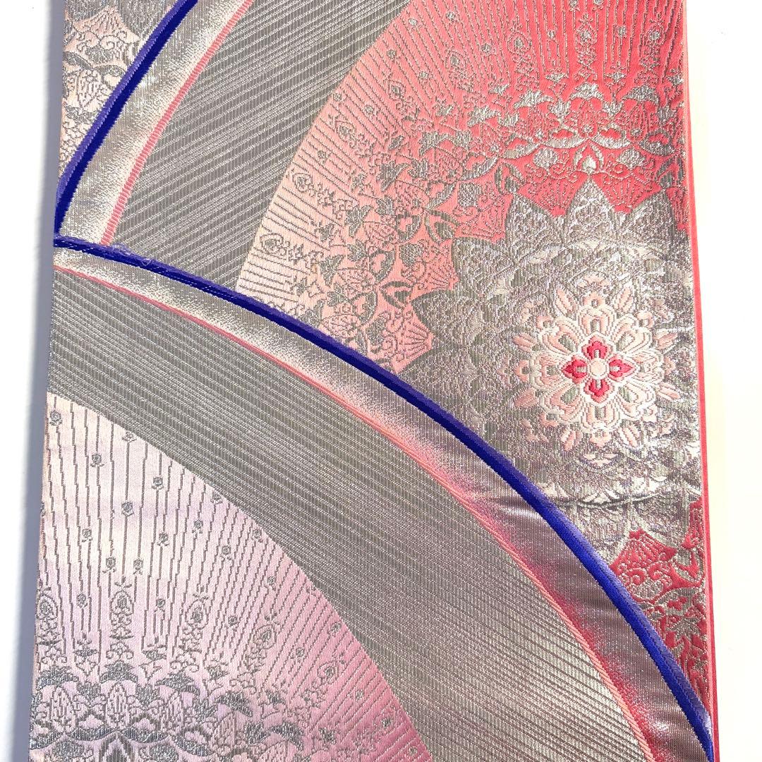 5k2918 袋帯 絹 正倉院文様 華文 唐織 銀色 赤 白 紫 ピンク 花柄
