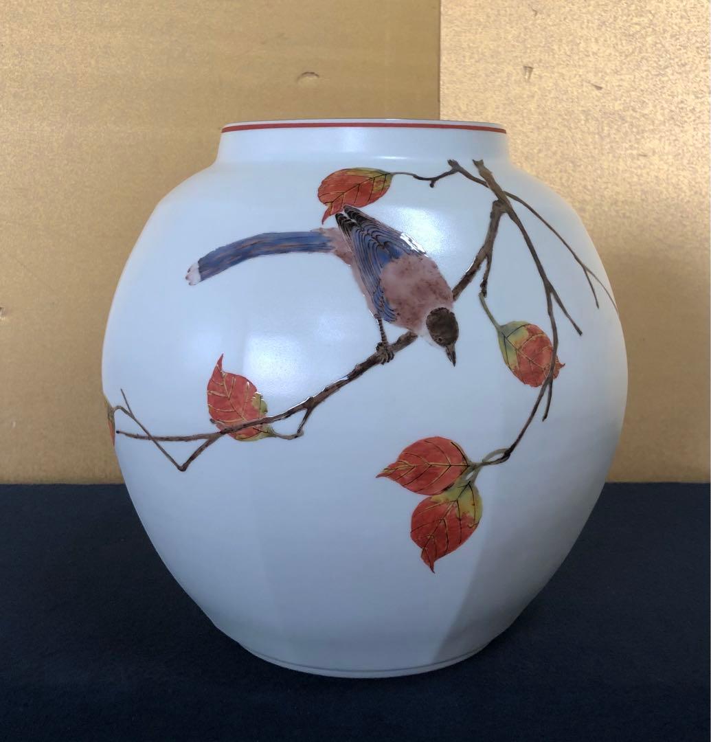 《R》色絵尾長枯葉紋 面取壷 花瓶 花器 影山明志 共箱 251014い2