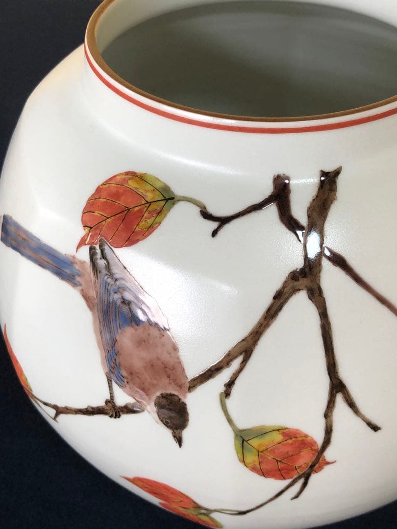 《R》色絵尾長枯葉紋 面取壷 花瓶 花器 影山明志 共箱 251014い2