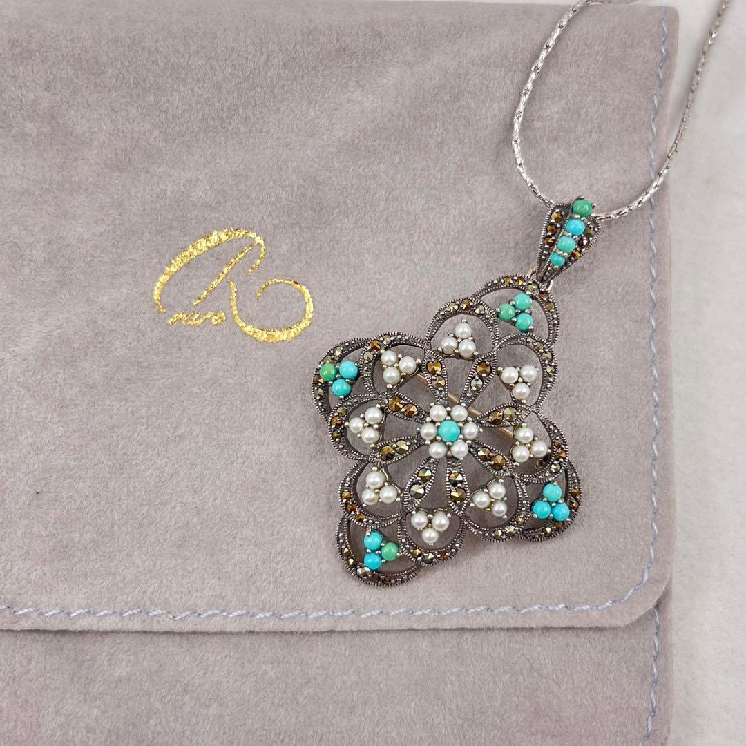 碌山 Routan】トルコ石シードパールマルカジット ブローチ兼ネックレス