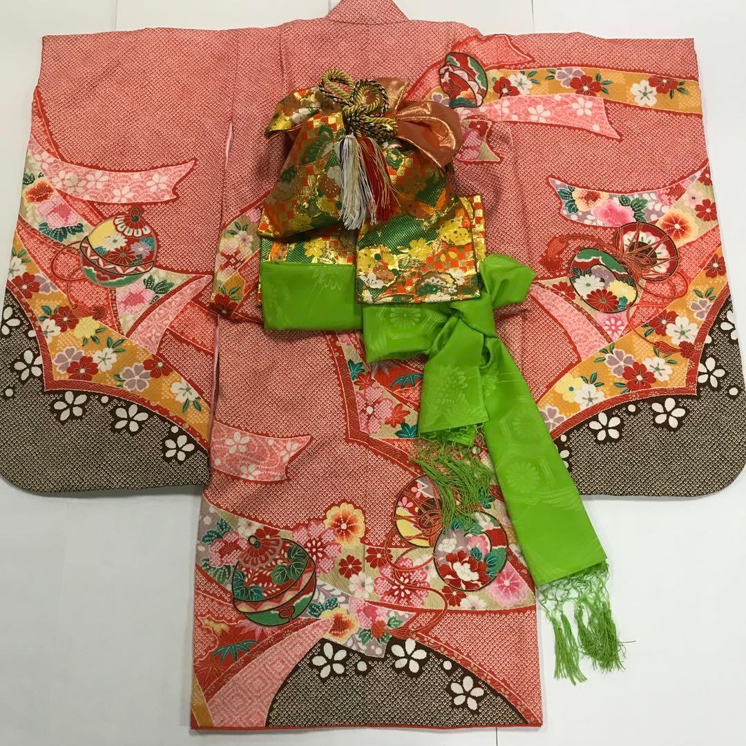 七五三　7歳女の子　着物セット　赤絞り　鼓　鴛鴦　熨斗目　鈴