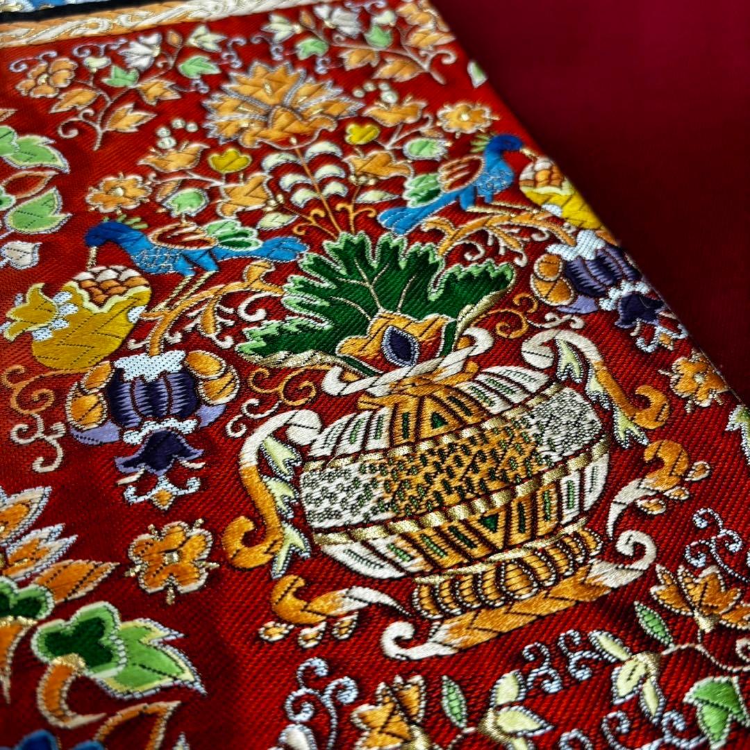 高級 更紗袋帯 華やかな刺繍 袋帯 100%絹 美術織物 豪華刺繍帯