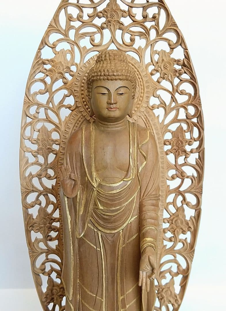 阿弥陀如来立像 5寸 #661 円台座 宝相華唐草 透彫り◇白檀 木彫 仏像