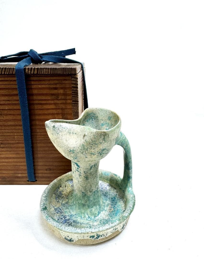 古代イラン・ペルシャ古陶 青釉銀化灯火器 箱付 古美術 古玩 骨董