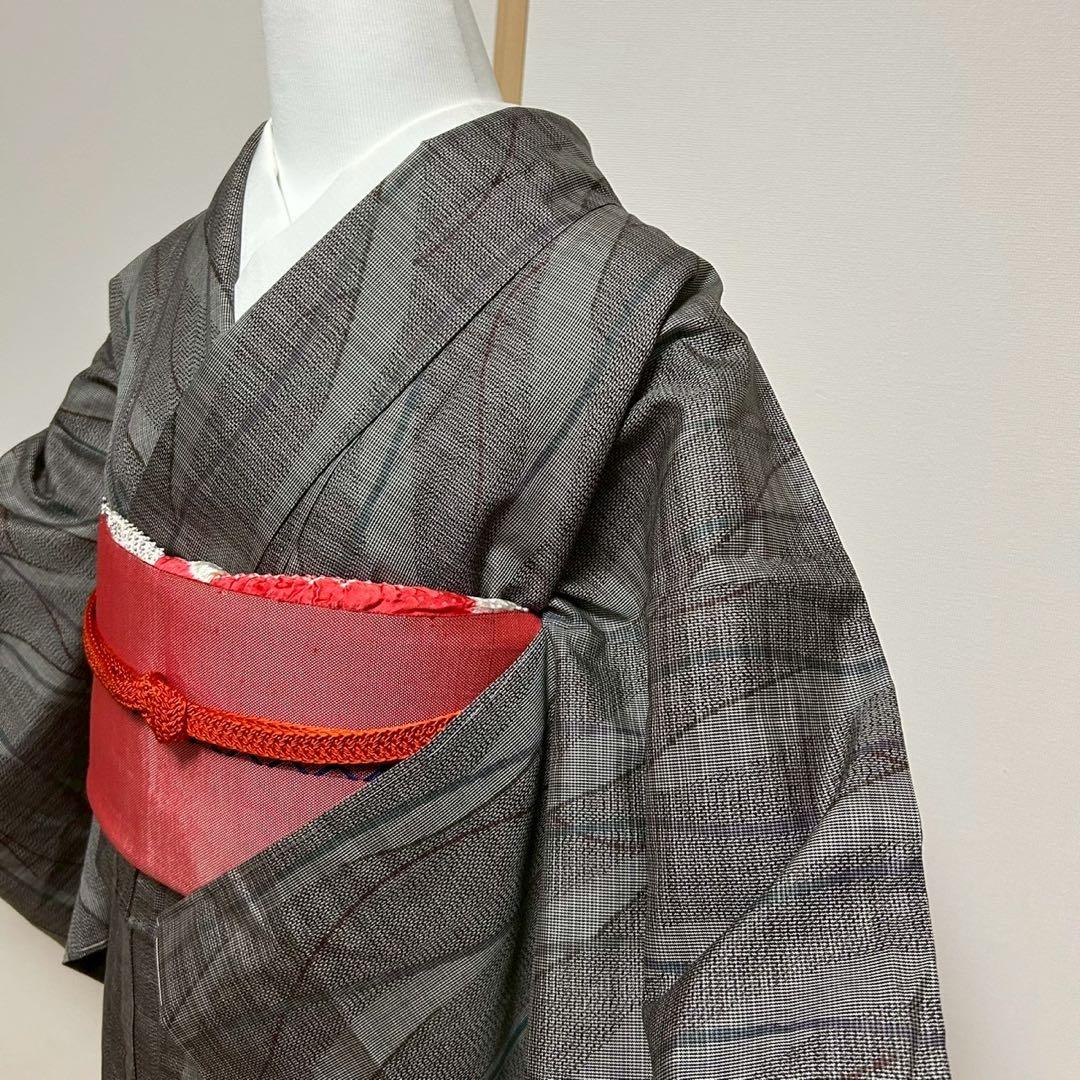 未使用 トールサイズ】絞 青海紋 作家物 結城紬 袷 裄丈70.5 身丈170