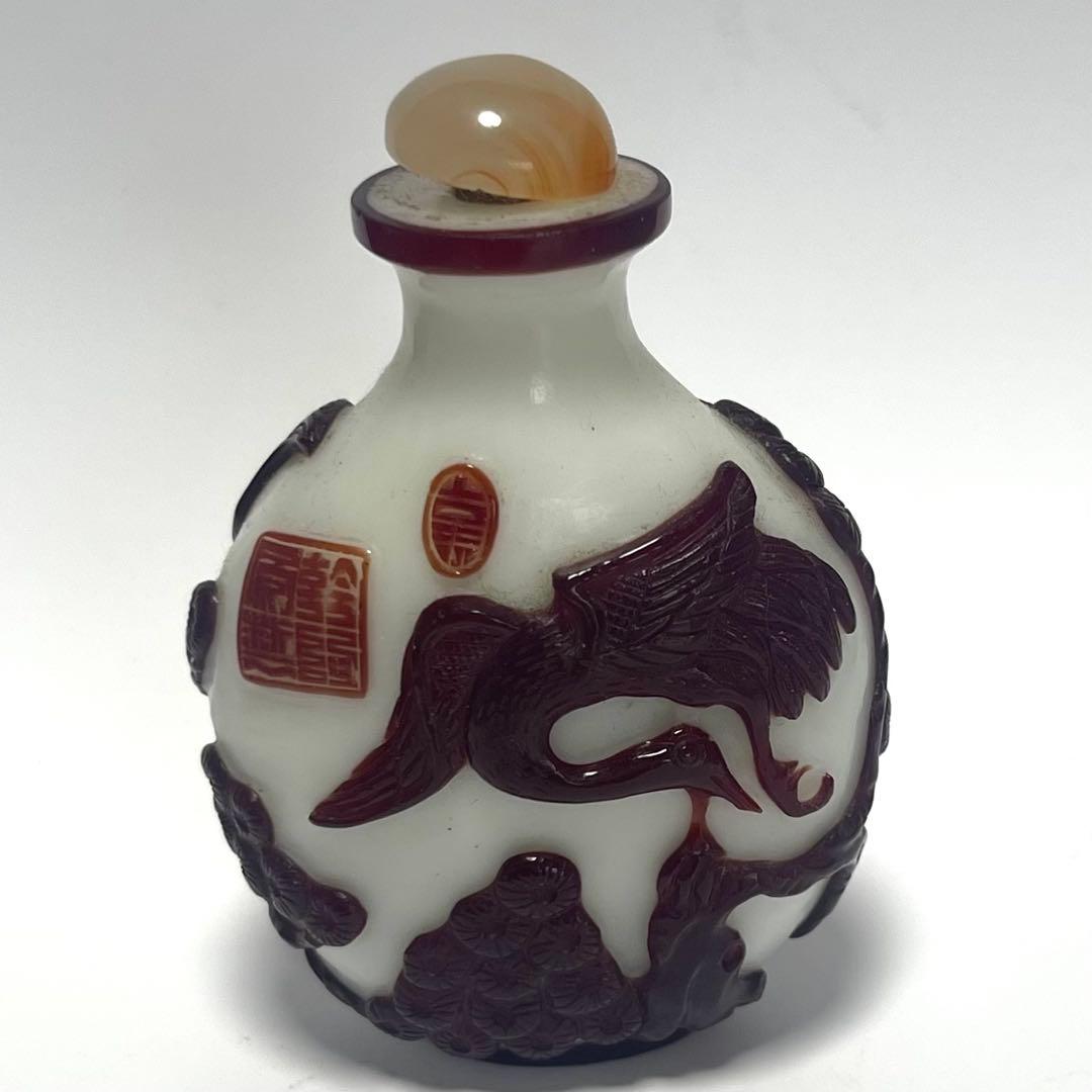 鼻煙壺 中国骨董 鶴の彫刻付き