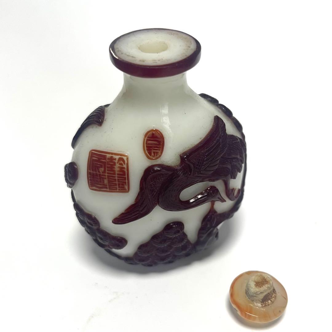 鼻煙壺 中国骨董 鶴の彫刻付き