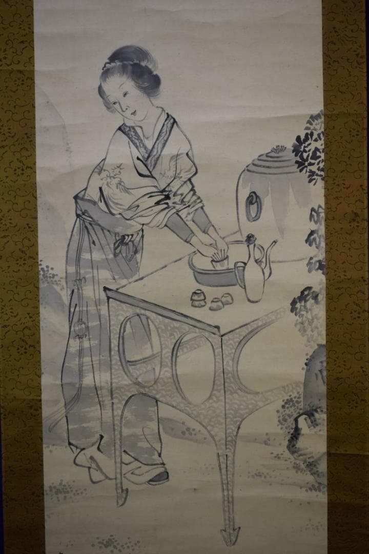 真作/古市金峨/唐美人図/絹表装/布袋屋掛軸HF-234 - メルカリ