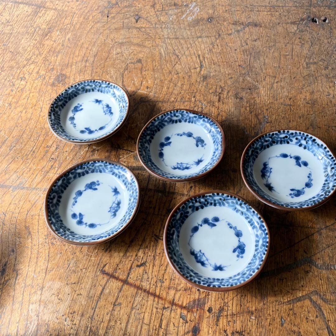 青と白 花模様の骨董小皿5枚セット 骨董 白 皿 5セット