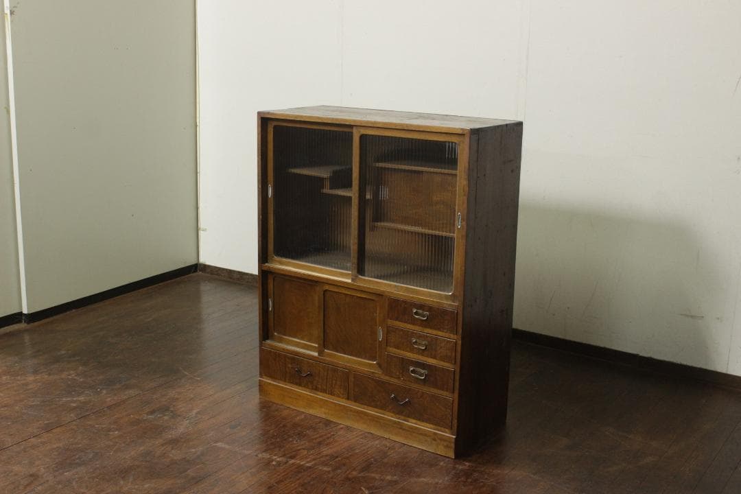 昭和レトロ 古い木製茶箪笥 モールガラス 戸棚 食器棚 古家具 欅 古材