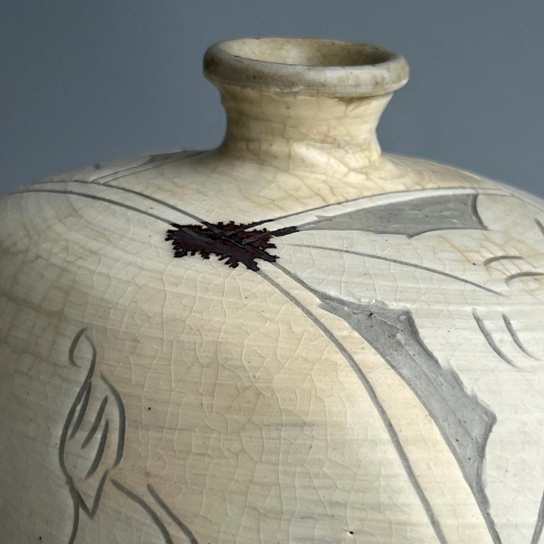 高麗三島刷毛目象嵌魚紋扁壺 李朝高麗コレクター放出品陶磁古玩朝鮮