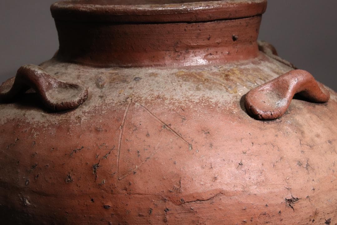 BE793 桃山期~江戸期　古信楽　四耳壷　四耳子　窯印　窯傷　壺　高37.5㎝