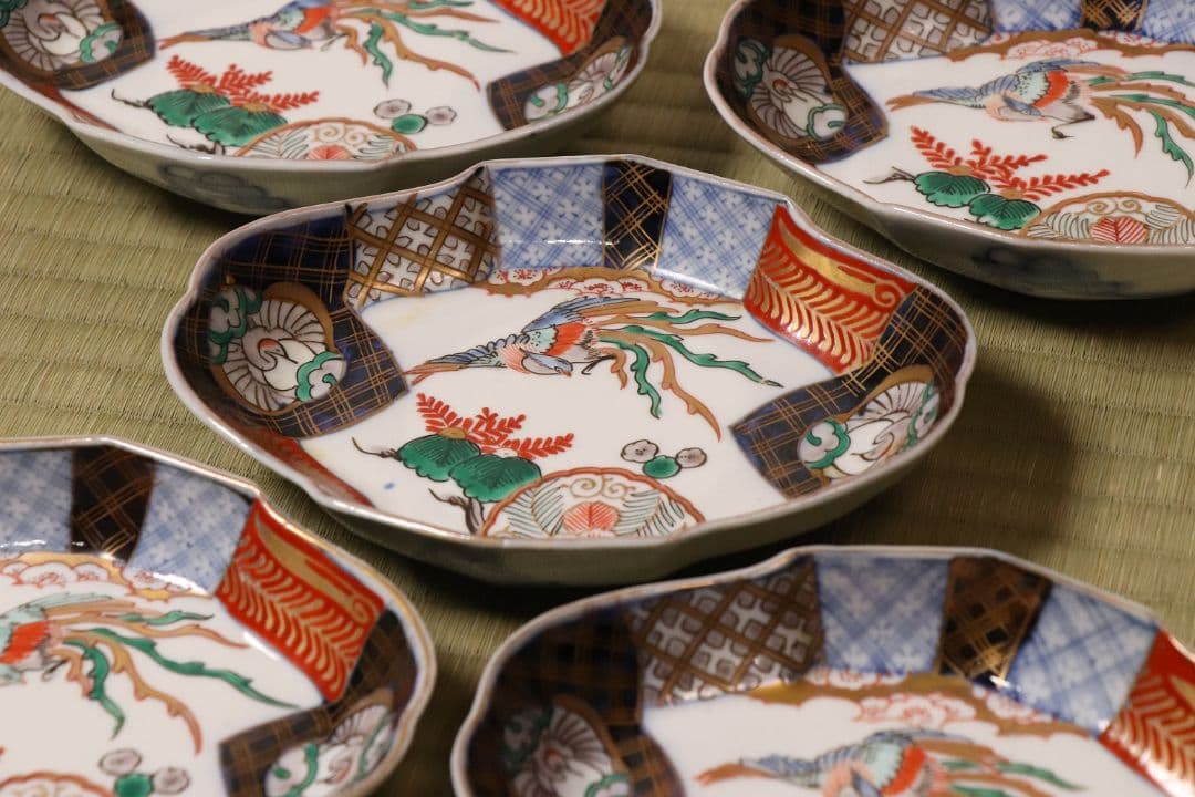 CM53】古伊万里 桐鳳凰図 変形 刺身皿 五客 鶴 金彩 錦手 菱形