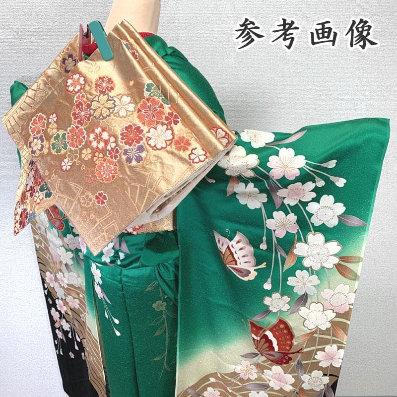508z16〇仮絵羽 振袖 金彩 蝶々 桜 明るい緑〇美品 成人式