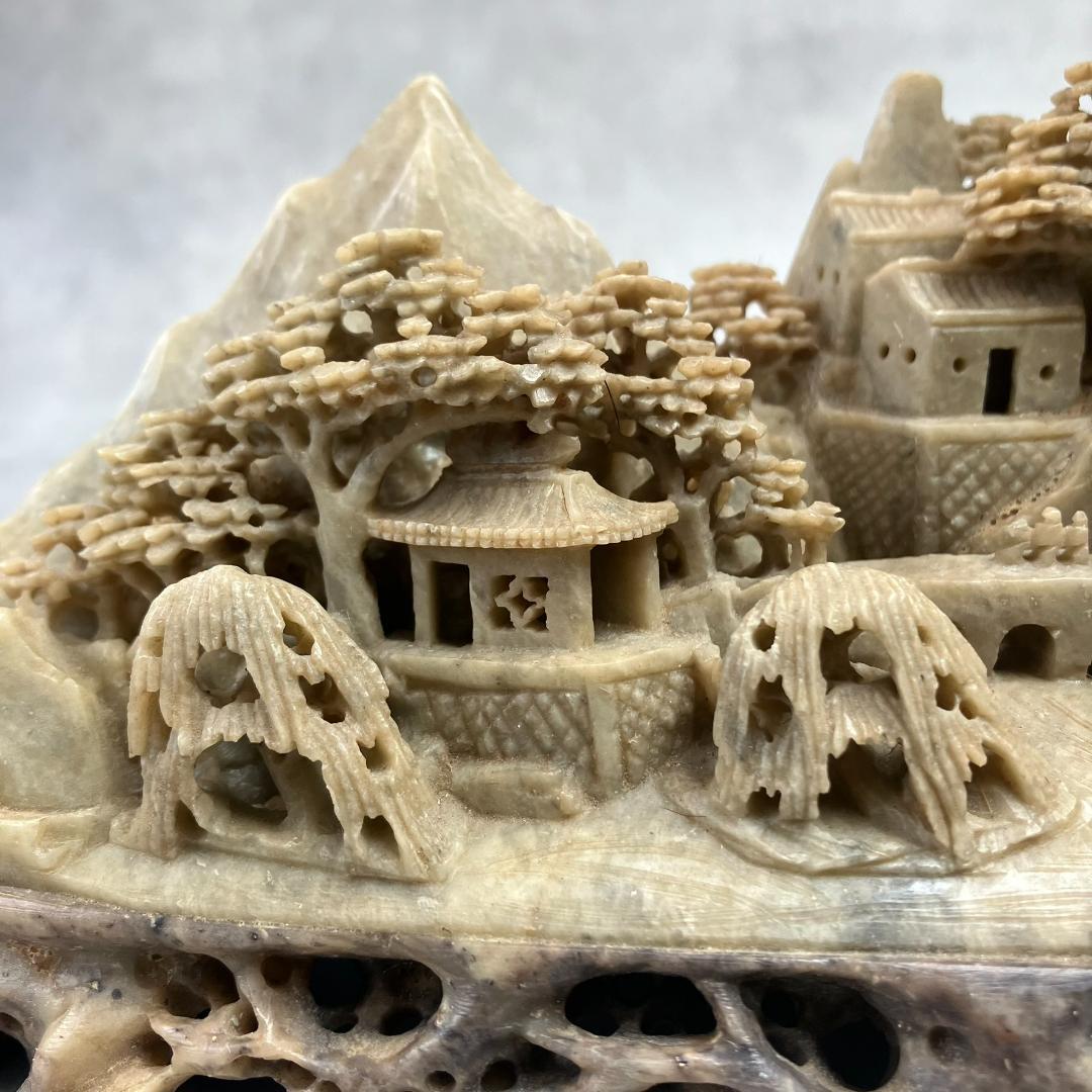 寿山石の彫刻 楼閣山水風景 ジオラマ 中国美術 天然石 水雕 ガラス